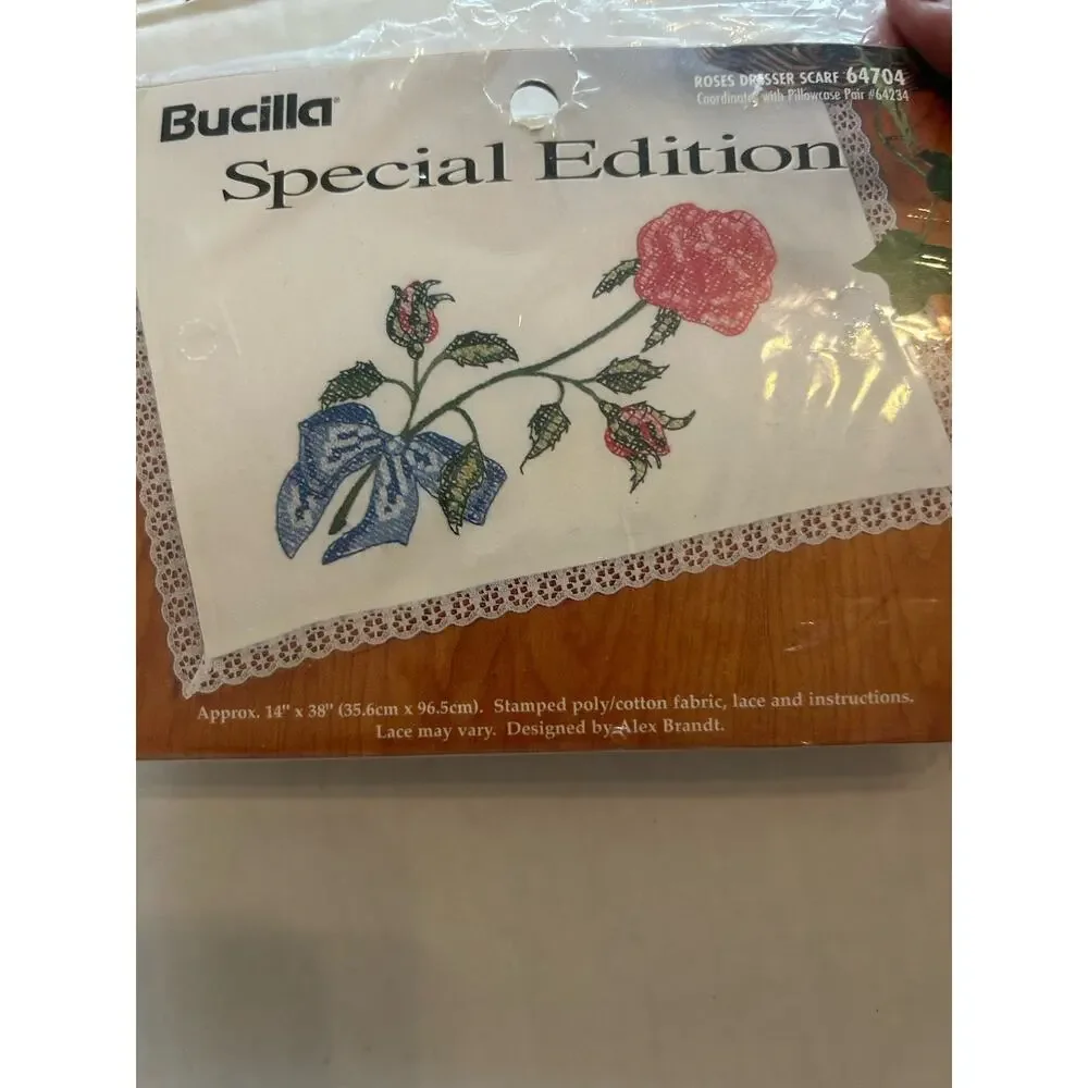 Vtg 1997‎ Bucilla Rose Dresser Scarf 64704 Stamped Embroidery Kit 14